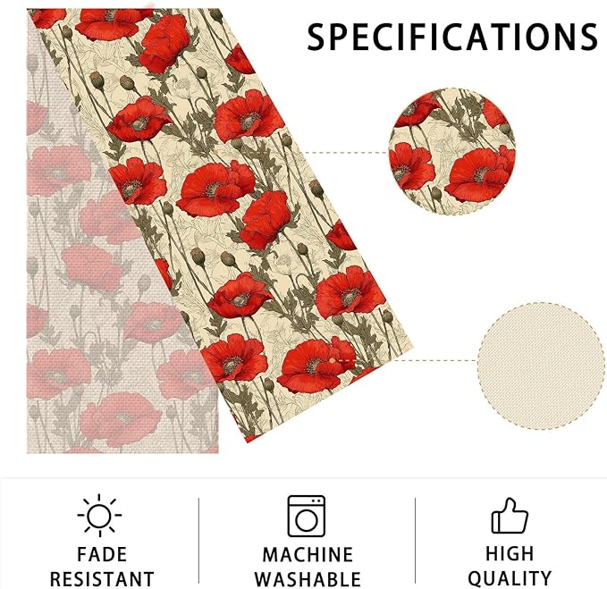 Poppy Table Runner,Dining Decor for Kitchen Coffee Table Family Dinners Holiday Parties Wedding Events Decor(13x72 inch)
