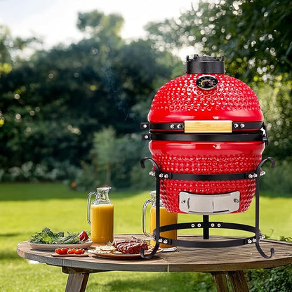Portable Ceramic Charcoal Grill,13'' Red Spherical Ceramic Charcoal Grill with Inner Liner, Portable BBQ Smoker,Compact Outdoor Smoker for Outdoor Cooking, Camping, and Backyard Grilling