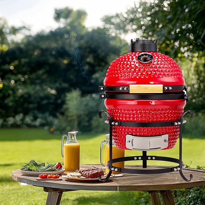 13" Portable Ceramic Charcoal Grill,Charcoal Grill and Smoker with Cast Iron Grates and Locking Lid,Grill Stand,Heat Deflectors and Ash Tool,Barbecue Grill for Outdoor Cooking and Camping (Red)