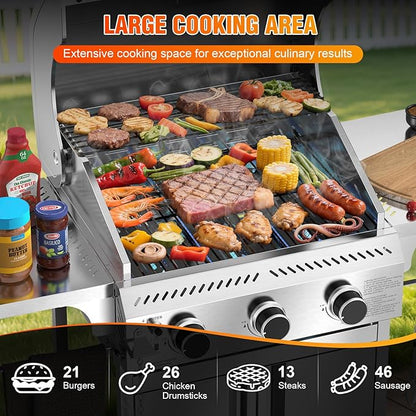 Electactic G31 Gas Grill, 3-Burner Gas Grill with Folding Side Tables,Stainless Steel 24,000 BTU BBQ Grill,Outdoor Propane Grill for Barbecue,Patio,Camping