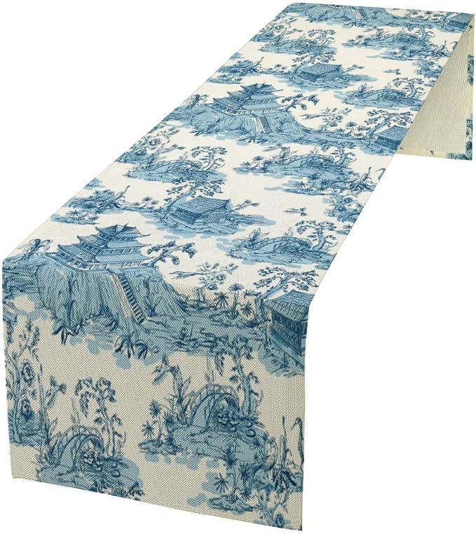 Vintage Asian Table Runner, Oriental Chinese Japanese Chinoiserie Mountains Pagoda Bridge Landscape Dinner Runner Table Decoration for Home Kitchen Dining Table Party 13x120in