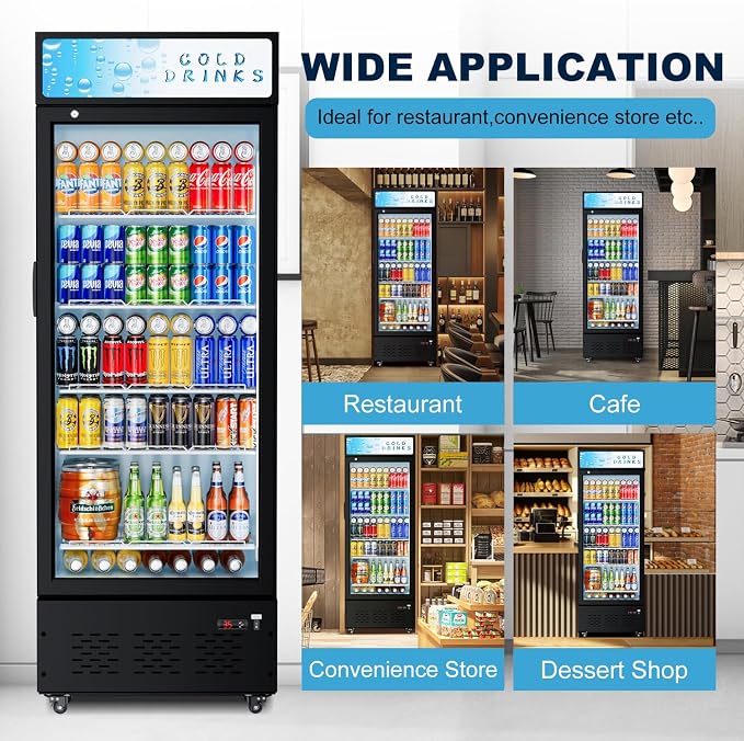 25.7'' W Commercial Refrigerators with Glass Door, 15 Cu.ft. Beverage Refrigerators Commercial Fridge Upright Display Cooler with Soft LED Light and Adjustable Shelves for Restaurant Stores