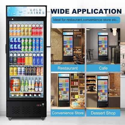 25.7'' W Commercial Refrigerators with Glass Door, 15 Cu.ft. Beverage Refrigerators Commercial Fridge Upright Display Cooler with Soft LED Light and Adjustable Shelves for Restaurant Stores