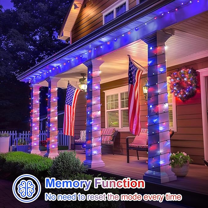 QITONG 500 LED Red White and Blue String Lights, 165ft 4th of July Decorations Lights Plug in Outdoor Indoor, 8 Modes Patriotic Light Green Wire for Independence Memorial Day Décor