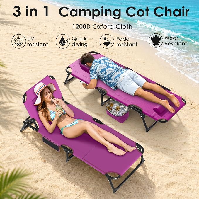 Suteck Tanning Chair with Face Hole, Folding Beach Lounge Chairs, Pink | Adjustable 5-Position Reclining Chaise, Removable Cushion & Pillow, Cooler Bag, 500Lbs Heavy-Duty for Outdoor Camping& Home