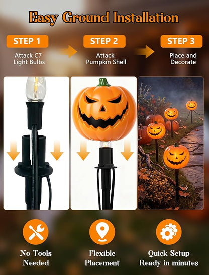 7FT Outdoor Halloween Pathway Lights, Set of 4 Smiley Pumpkin Stakes Lights | Waterproof, Connectable Halloween Pumpkin Sidewalk Lights Plug in for Garden Yard Lawn Walkway Driveway Halloween Decorations