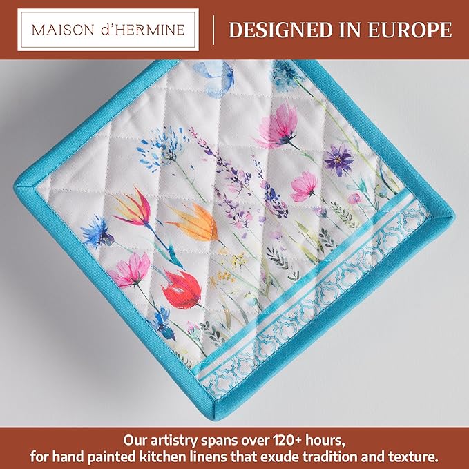 Maison d' Hermine Pot Holders 100% Cotton Heat Resistant Potholders 8" x 8" Hot Pads with Loop BBQ Baking Hotel Farmhouse Kitchen Handling Hot Pans Spring Summer (Pack of 1, Flower in The Field)