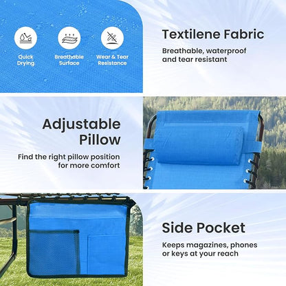 2 Pack Outdoor Folding Chaise Lounge 5-Position Adjustable Recliner 400LB Heavy Duty Portable Patio Camping Beach Chair, Blue