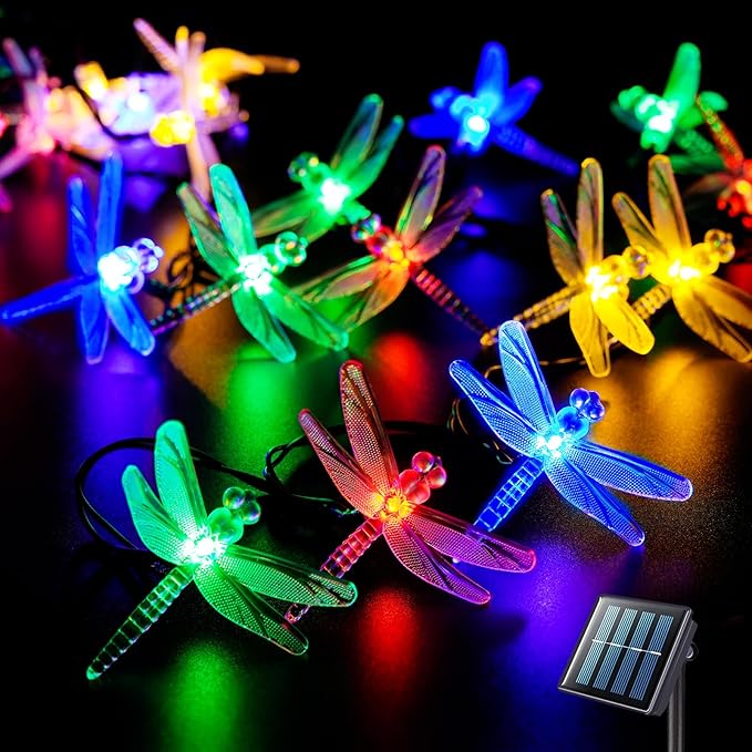 JMEXSUSS Solar String Lights Outdoor, 25.6FT 30 LED, Dragonfly | Outdoor Waterproof, 8 Modes, Multicolor Solar Christmas Lights for Garden Patio Yard Tree Party Christmas Decorations