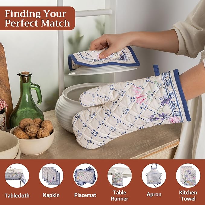 Maison d' Hermine Pot Holders 100% Cotton Heat Resistant Potholders 8" x 8" Hot Pads with Loop BBQ Cooking Baking Hotel Farmhouse Kitchen Handling Hot Pans Spring Summer (Pack of 2, Faience)