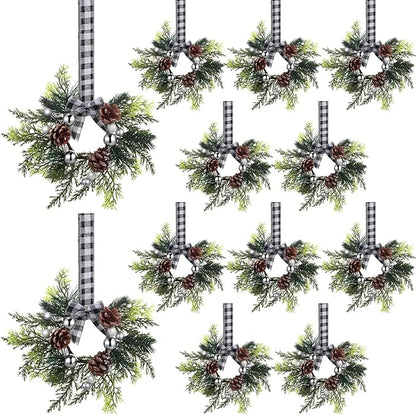 Zeyune 6 Pcs Christmas Kitchen Cabinet Wreaths with Plaid Bow 14.96 x 7.87 Inch Hanging Christmas Cabinet Doors Wreaths Decorative for Kitchen Window Outdoor Indoor Xmas Holiday Decor