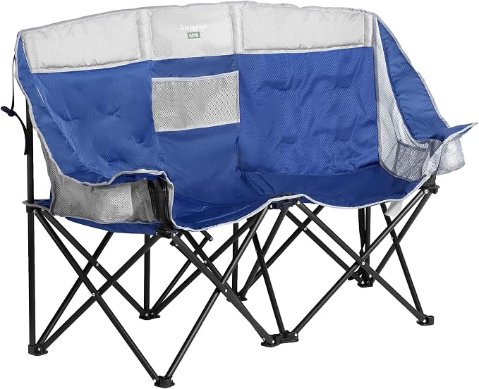 SUNNYFEEL Double Camping Chair Oversized Loveseat for Adults | 600LBS Heavy Duty Padded Camping Couch with Cup Holder, Storage Pockets & Carry Bag for Patio RV/ Lawn/ Backyard