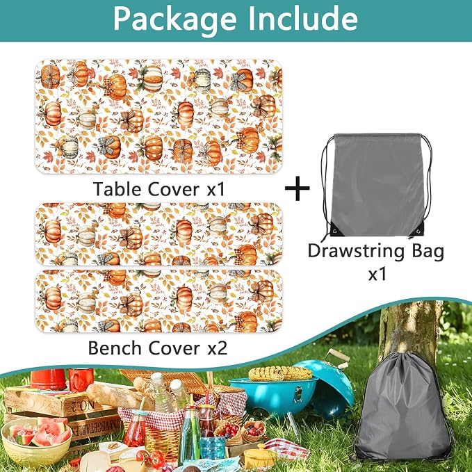 Waterproof Picnic Table Cover with Bench Covers, 3 Piece Set Fall Pumpkin Thanksgiving Tablecloth for 6ft Picnic Tables, Windproof Reusable Elastic Outdoor Patio Dining Cover for Camping, 30x96 Inch