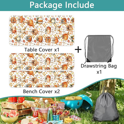 Waterproof Picnic Table Cover with Bench Covers, 3 Piece Set Fall Pumpkin Thanksgiving Tablecloth for 6ft Picnic Tables, Windproof Reusable Elastic Outdoor Patio Dining Cover for Camping, 30x96 Inch