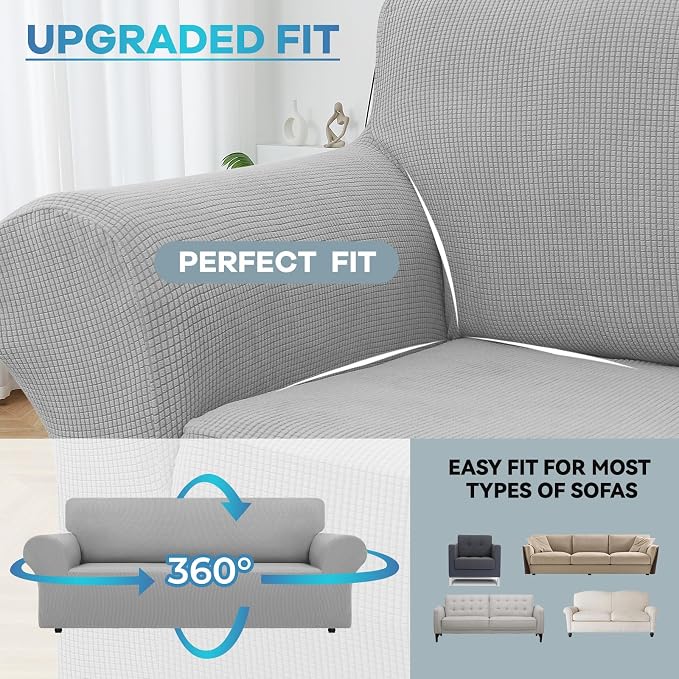 LURKA Stretch Couch Cover for Sofa, 1 Piece 3 Cushion Slipcover, Sliver | Soft Stretch Jacquard, Fits 78"-94" Sofas, Elastic Bottom for Secure Fit, Machine Washable, Pet & Kid Friendly
