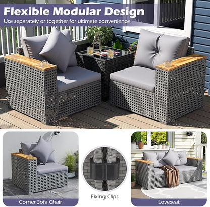 Tangkula 62.5" Large Patio Wicker Loveseat with Acacia Wood Armrests & Cup Holders, Outdoor 2-Piece Rattan Corner Sofa with Cushions, Sectional Conversation Set for Garden Backyard Porch Balcony, Grey