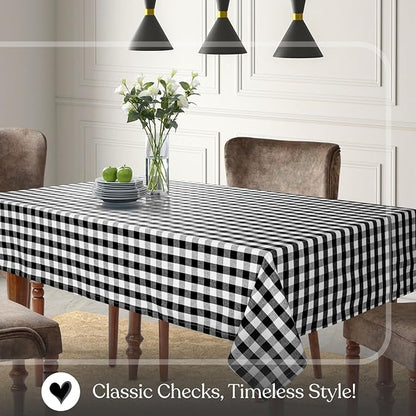Gingham Check Tablecloth, 100% Cotton, 60x84 Inch, Black and White, Durable Table Cover for Rustic Kitchen Decor, Picnics, BBQ, Dining Room, Indoor and Outdoor Use, Black White