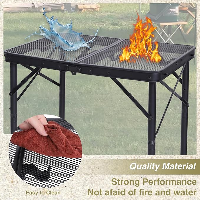 REDCAMP 2 Feet Small Folding Grill Table for Outside, 3 Heights Adjustable Portable Metal Outdoor Picnic Table for Camping Travel Cooking BBQ, Black, 24" Lx 16" Wx 27.5" H