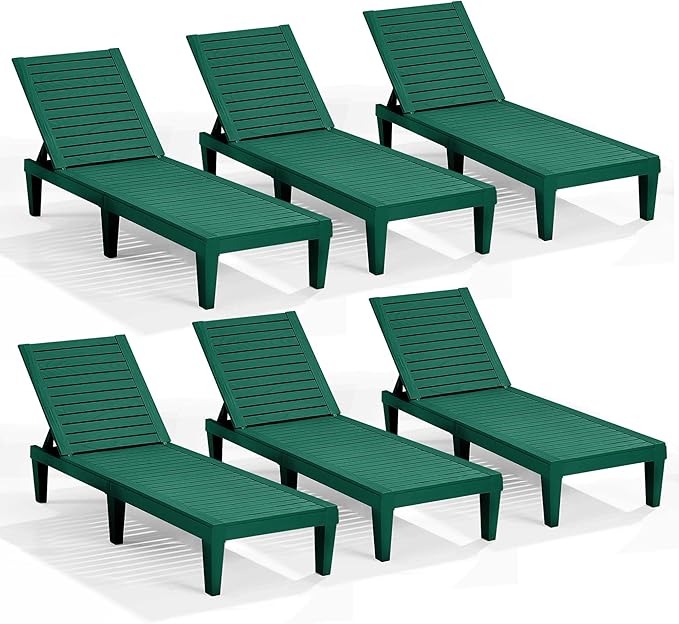 Nestl Sun Tanning Chair - Forest Green Chaise Lounge Chair Outdoor, Lightweight Pool Lounge Chairs Set of 6, Adjustable 5-Position Reclining Lawn Chair, Waterproof Beach Outdoor Lounge Chairs