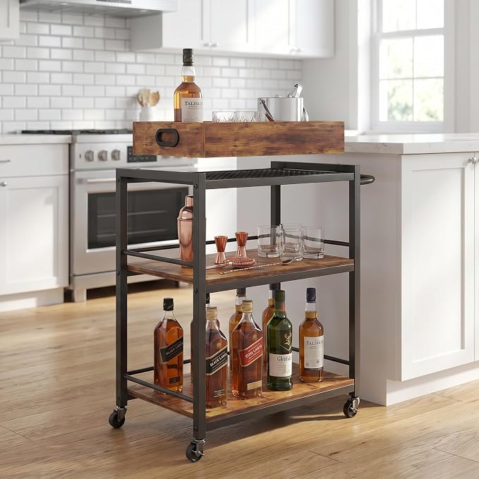3-Tier Rolling Bar Cart with Removable Tray for Home Kitchen | Rolling Wheels with Handle, 3-Tier Storage, Removable Serving Tray, Sturdy Frame, Multi-Purpose for Kitchen & Bar Use