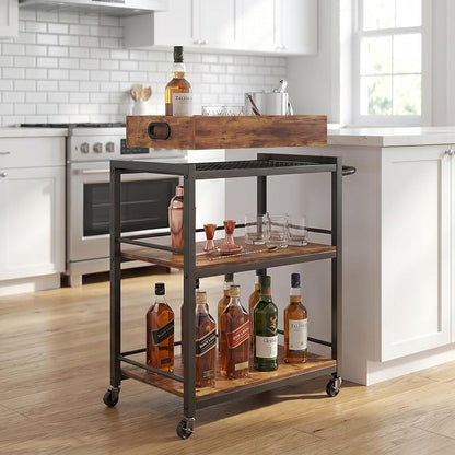3-Tier Rolling Bar Cart with Removable Tray for Home Kitchen | Rolling Wheels with Handle, 3-Tier Storage, Removable Serving Tray, Sturdy Frame, Multi-Purpose for Kitchen & Bar Use