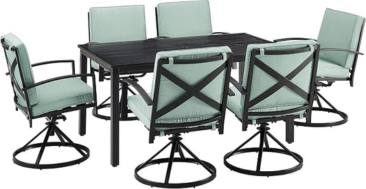 Crosley Furniture Kaplan 7-Piece Outdoor Dining Set for 6, Patio Table and Chairs for Backyard, Deck, Oiled Bronze with Mist Cushions