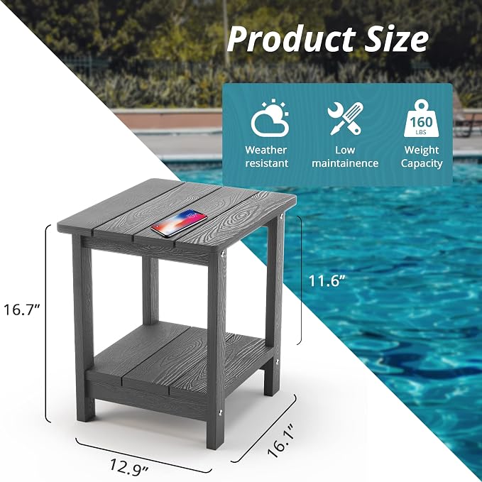 LUE BONA Outdoor Side Table, 2-Tier HDPS Small Patio Table, Dark Grey | 2-Tier Shelf for Extra Storage, Small End Table for Pool, Porch, Balcony, Weather Resistant HDPS, Easy Clean