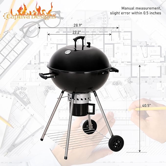 Captiva Designs 22-inch Kettle Charcoal BBQ Grill with Enameled Lid and Firebowl, Extra Thick Chromplated Grate & Slid-out Ash Catcher, Barbecue Grill Outdoor Cooking, Picnic, Patio, Backyard