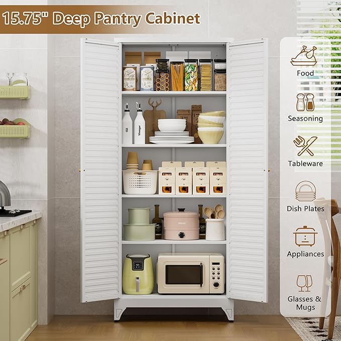 Polup 75" Kitchen Pantry Cabinet, White Metal Storage Cabinet with Doors and 4 Adjustable Shelves, Tall Metal Pantry Cabinets, Large Cupboard for Kitchen, Dining Living Room, Bathroom, Office