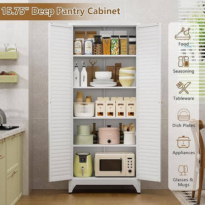 Polup 75" Kitchen Pantry Cabinet, White Metal Storage Cabinet with Doors and 4 Adjustable Shelves, Tall Metal Pantry Cabinets, Large Cupboard for Kitchen, Dining Living Room, Bathroom, Office