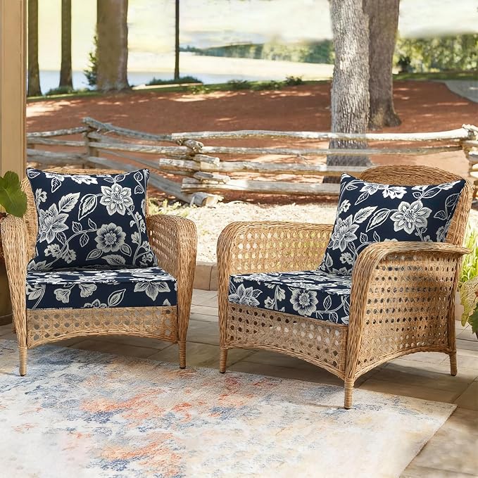 DYTXIII Outdoor Deep Seat Cushion Set, Water Repellent 24"x24" Patio Thick Cushions Replacement with Seat & Back Pillow for Patio Sofa, Wicker Chair, Couch - Vines Navy