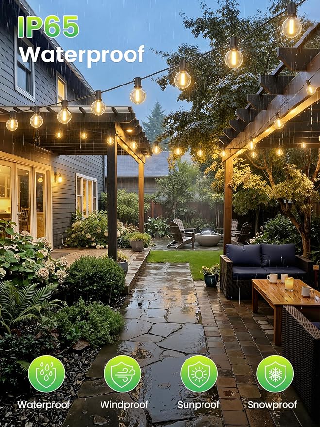 LACHON Outdoor String Lights Waterproof 25 FT with 12 G40 IP65 Bulbs | Dimmable,Connectable,Shatterproof,2700K Warm White,Perfect For Any Outdoor Space,Patio,Backyard,Cafe,Bistro,Porch,Market