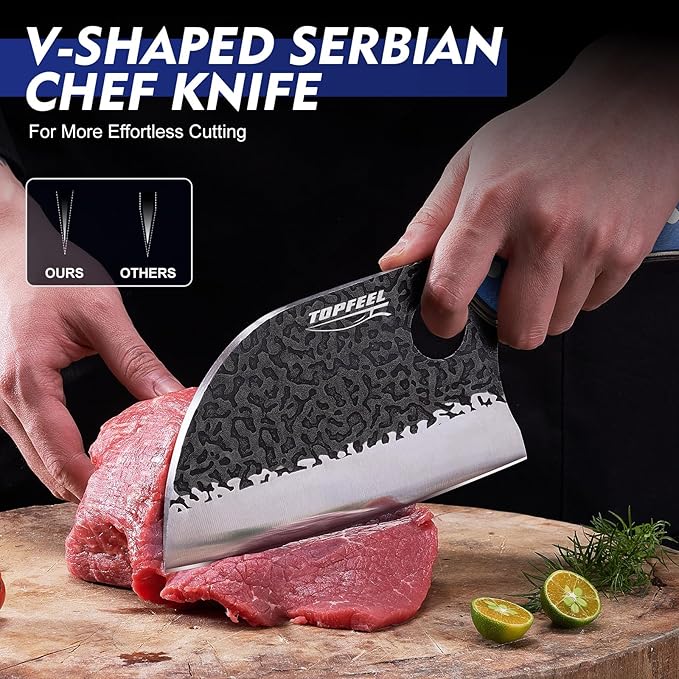 6.8Inch Serbian Chef Knife- Butcher Knife Meat Cleaver Set for Cooking, Chopping. Kitchen Knives with Leather Sheath for Home, Camping, BBQ