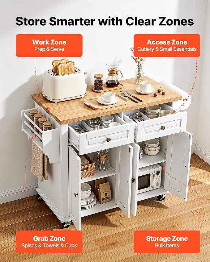 VEVOR Kitchen Island Cart with Storage, 43.7 in Wide Mobile Rolling Storage Island on Swivel Wheels, with 2 Drawers, Storage Cabinet, Spice/Towel Rack, Hooks, Table for Home Dining Room, White | Home Dining Use, Spice Towel Rack With Hooks, Cabinet She...