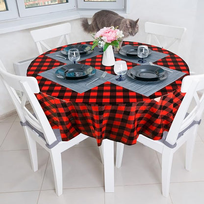 Christmas Disposable Checkered Tablecloth Round Plastic Buffalo Plaid Table Cloth 84'' Gingham Tablecover for Picnic Camping BBQ Graduation Party(Red and Black,6 Pieces)
