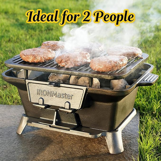 IronMaster Hibachi Grill Outdoor, Small Portable Charcoal Grill, Pre-Seasoned Cast Iron, Japanese Yakitori Camping Grill - 2 Heights, Air Control, Coal Door, Ideal for 2 People