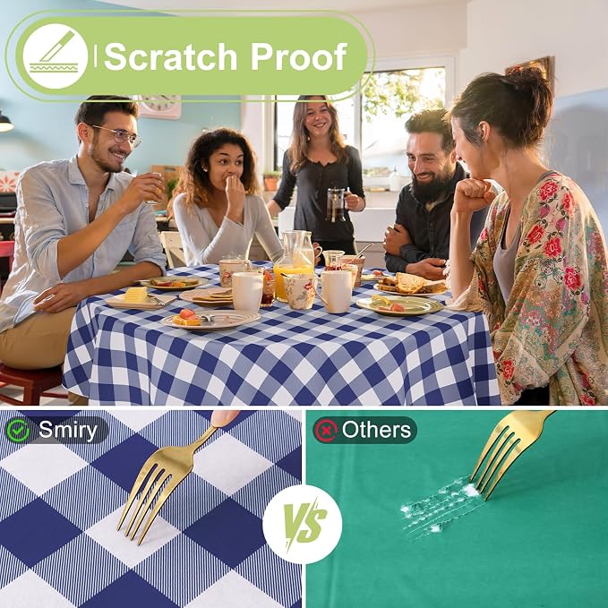 Smiry Picnic Table Cloth, Vinyl Tablecloths with Flannel Backing, 60" Round | Waterproof Picnic Table Cloth, Wipeable Buffalo Plaid Table Cover for Indoor and Outdoor (Navy & White)