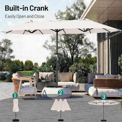 AreShark 15FT Outdoor Patio Umbrella with Crank, Large Rectangular Market Umbrella, Double-Sided Outdoor Umbrellas with Cross Base & Sandbag for Porch, Lawn, Pool, Backyard, Cream-White