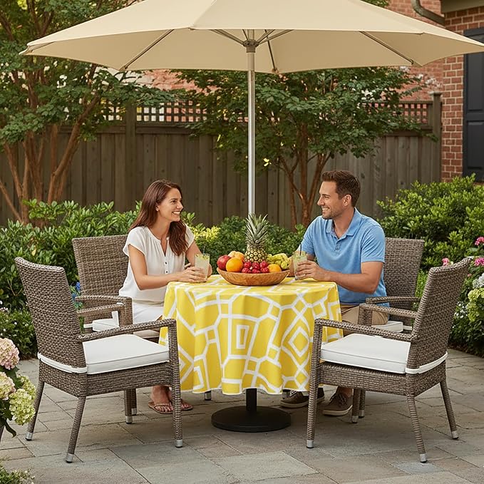 LUSHVIDA Moroccan Outdoor Round Tablecloth with Umbrella Hole and Zipper, 60 Inch Yellow, Waterproof Wrinkle Free Table Cloth Decorative Fabric Washable Table Cover for Patio, Party, Picnic