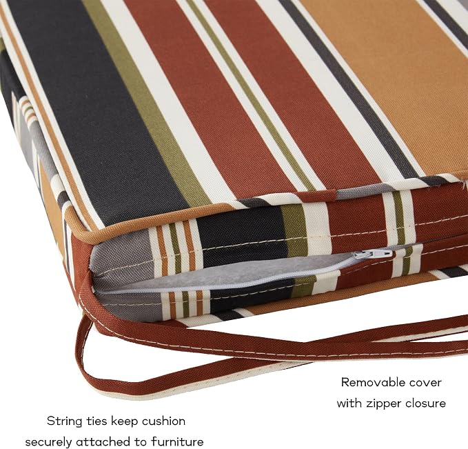 Outdoor 18 inch Square Patio Dining Chair Pads – Comfortable Fiber-Filled Seat Cushions with Ties, Reversible Polyester Fabric - Brick Stripe, Set of 4