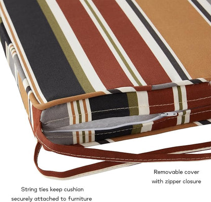 Outdoor 18 inch Square Patio Dining Chair Pads – Comfortable Fiber-Filled Seat Cushions with Ties, Reversible Polyester Fabric - Brick Stripe, Set of 2