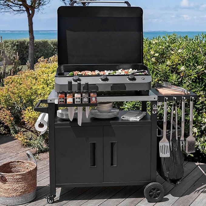 Outdoor Grill Cart with Storage, Stainless Steel Top Movable Kitchen Island for BBQ and Pizza Oven, Heavy Duty Food Prep Station with Foldable Shelf, Hooks and Waterproof Cover