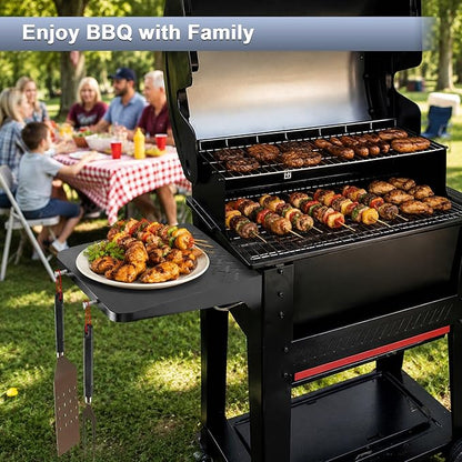 KEESHA BBQ Side Table for Weber Searwood 600/600XL Pellet Grills, Heavy-Duty Stainless Steel Folding Prep Station, BBQ Accessory with Hooks, Replace for Weber 3400140