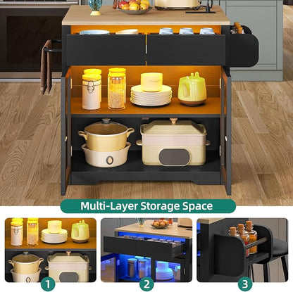 YITAHOME Rolling Kitchen island with Seating and LED Lights, Mobile Storage Islands with Drop Leaf, Dining Table with Power Outlet, 2 Drawers and Soft Stools, Spice/Towel Rack, Lacquered Finish, Black