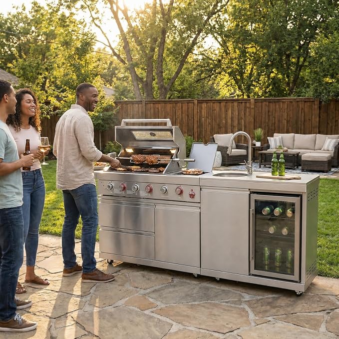 84 Inch Outdoor Kitchen Island Grill, 6 Burner 75300 BTU Propane BBQ Grill with Sink & Wheels Beverage Refrigerator, Rotisserie Kit, Griddle, Backyard BBQ SS304 Stainless Steel, Granite Top, Silver
