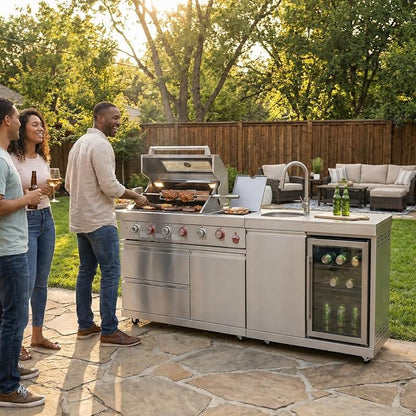84 Inch Outdoor Kitchen Island Grill, 6 Burner 75300 BTU Propane BBQ Grill with Sink & Wheels Beverage Refrigerator, Rotisserie Kit, Griddle, Backyard BBQ SS304 Stainless Steel, Granite Top, Silver