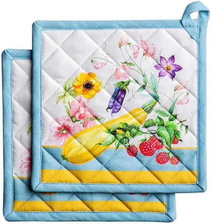 Maison d' Hermine Pot Holders 100% Cotton Heat Resistant Potholders 8" x 8" Hot Pads with Loop BBQ Cooking Baking Hotel Farmhouse Kitchen Handling Hot Pans Spring Summer (Pack of 2, Giverny)