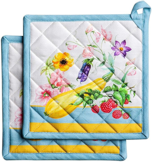 Maison d' Hermine Pot Holders 100% Cotton Heat Resistant Potholders 8" x 8" Hot Pads with Loop BBQ Cooking Baking Hotel Farmhouse Kitchen Handling Hot Pans Spring Summer (Pack of 2, Giverny)