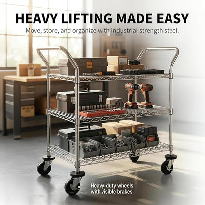 Finnhomy 3-Tier Commercial Grade Rolling Cart, Heavy Duty Utility Cart with Wheels and Handles, Metal Kitchen Carts on Wheels with 500 lbs Capacity, Shelf Size 20" D x 36" W, NSF