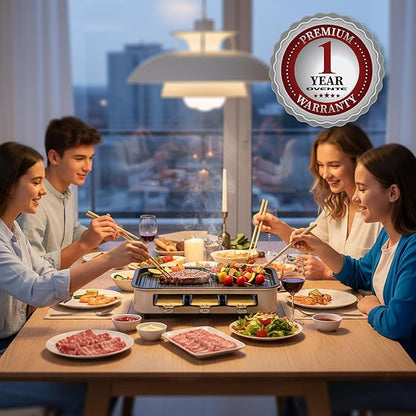 OVENTE 2-in-1 Electric Indoor Grill, 1500W Smokeless Korean BBQ Griddle with Non-Stick Removable Cooking Plate, 3 Raclette Cheese Pans, Adjustable Temperature Control, Dishwasher Safe, Beige BQR1502B